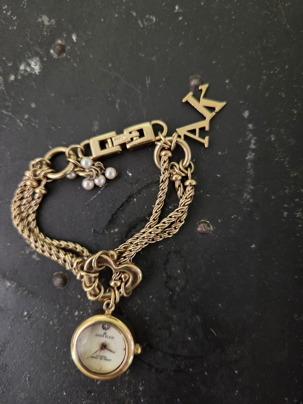 Vintage Anne Klein Gold-Tone Multi-Chain Bracelet Watch with Pearl Accents